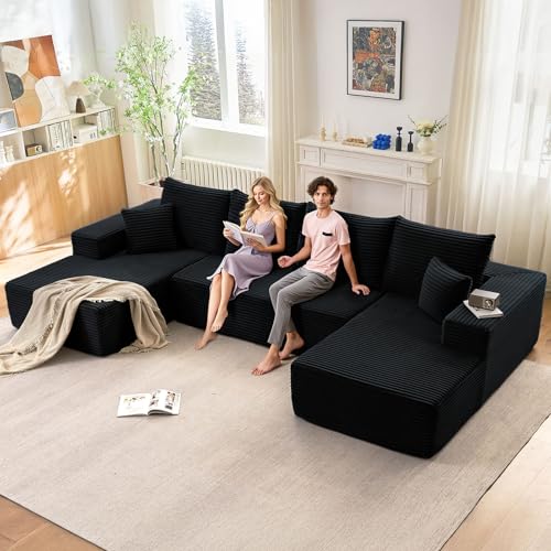 Image of Oversized Modular Sectional Sofa Couch, Large 4 Seater Corner Sofa Modern U Shaped Sectional Couch Cloud Couches for Living Room, Office, Spacious Space, Corduroy, No Assembly Required, Black
