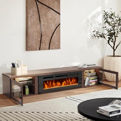 Image of 80 inch Floating TV Stand with Fireplace WI-FI Enabled, High Gloss Finish Wall Mounted Fireplace Entertainment Center with Storage for TVs Up to 90 inch, Brown