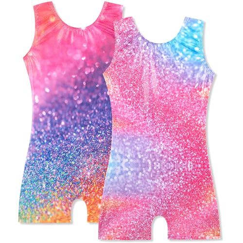 HOZIY 2 Pack Girls Gymnastics Leotards for Kids Toddlers Dance Outfits with Shorts Biketards Tumbling Clothes Sparkly 9-10 Years Colorful Glitter