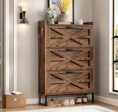 DWVO Farmhouse Shoe Storage Cabinet with 3 Flip Drawers, Slim Shoe Cabinet for Up to 24 Pairs, Narrow Shoe Rack for Entryway, Living Room, Hallway (Rustic Brown)
