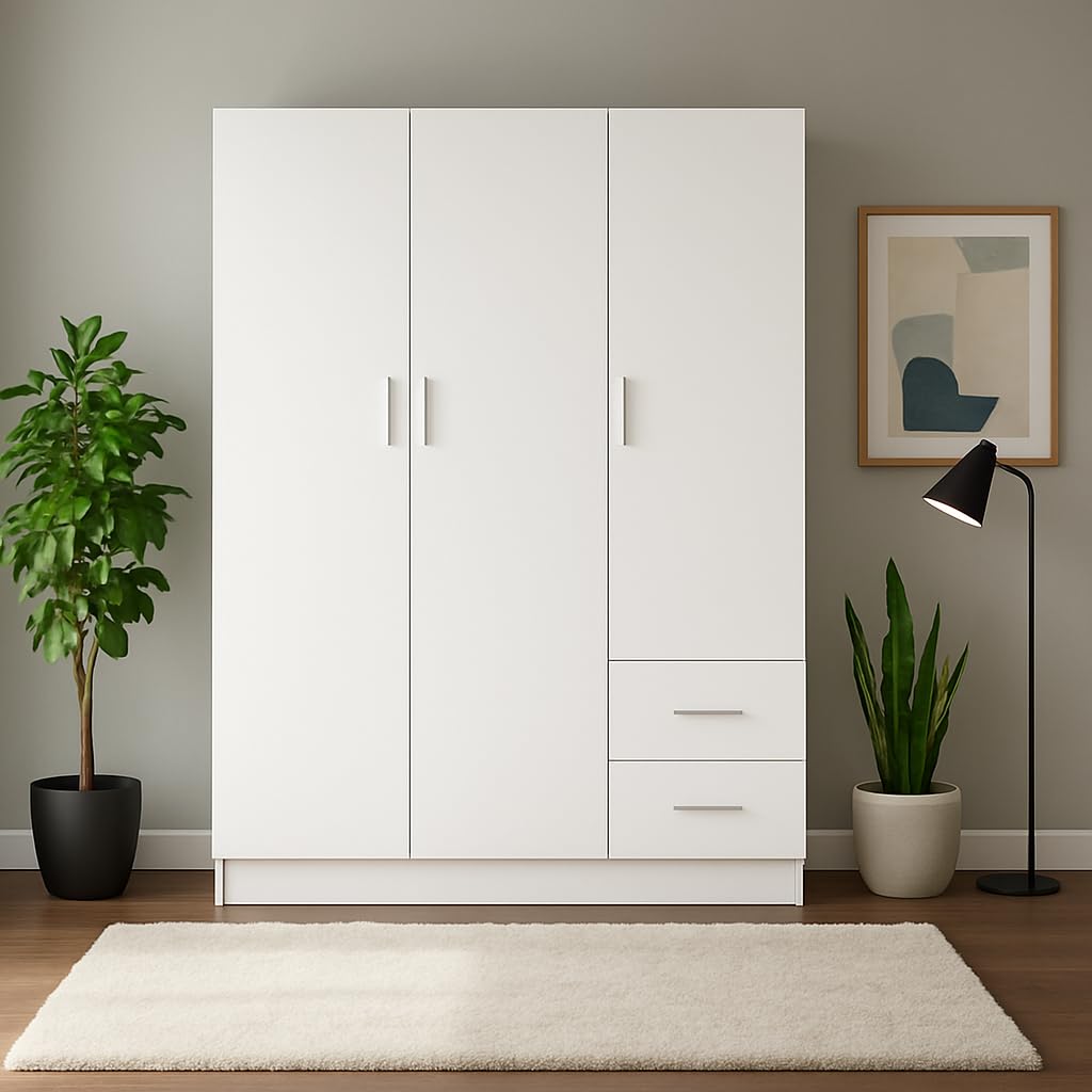 Armadio Camera da Letto 3 Ante 2 Cassetti Bianco 120x50x170 cm | Guardaroba salvaspazio, barre appendiabiti, ripiani regolabili, legno laminato, per mansarda garage ripostiglio