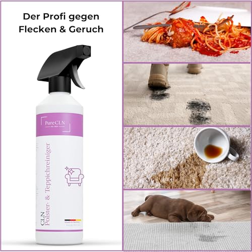 PureCLN Polsterreiniger Spray mit Farbauffrischer, 500ml – Couch-Reiniger gegen hartnäckige Flecken und schlechte Gerüche – Sofa-Reiniger faserschonend für Autositze, Teppiche & Polster
