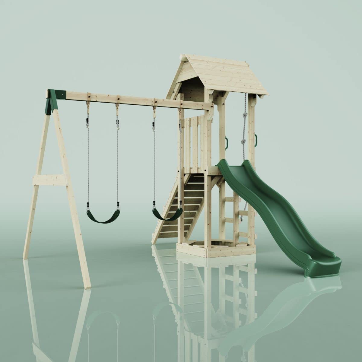 Rebo Spielturm mit Wellenrutsche und Kinder-Schaukel, Outdoor Klettergerüst Garten,Smaragdgrün