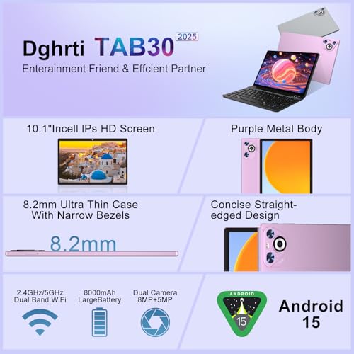 Image of Android 15 Tablet, 30GB RAM + 128GB ROM 1TB TF, 2026 Tablet with Keyboard and Mouse, 10.1 inch Touchscreen, 8000mAh Battery, Incell Display, 2.0GHz, Gemini AI, 5G WiFi, BT 5.0, GPS - Metal Purple