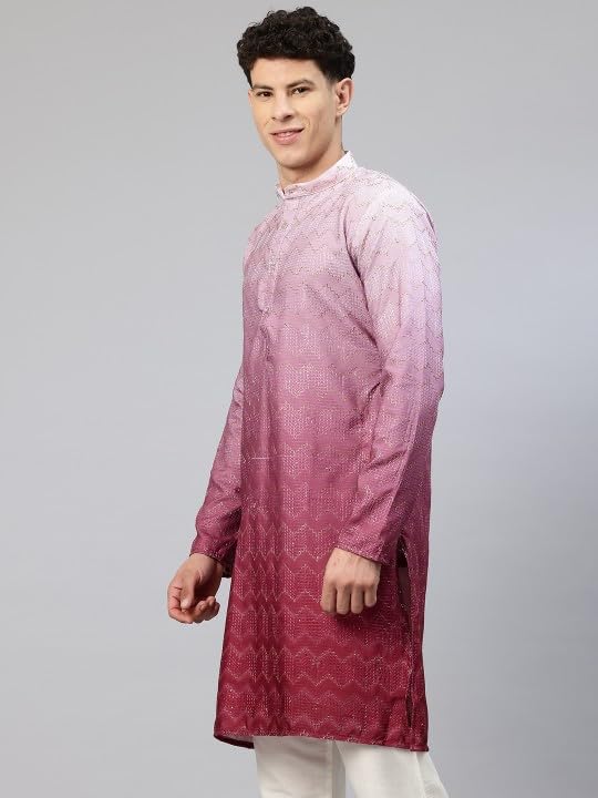 Image of Luxrio Men's Ombre Shaded Sequence Self Embroidered Textured Long Kurta Full Sleeves - Casual Ethnic Wear