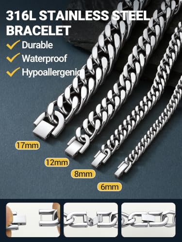 Image of PROSTEEL Bracelets for Men Cuban Link Mens Bracelet Stainless Steel, 14K Gold Plated /Silver /Black, 6 /8 /12 /17mm Width, 7.5 inch /8.3 inch /9 inch Length with Gift Box