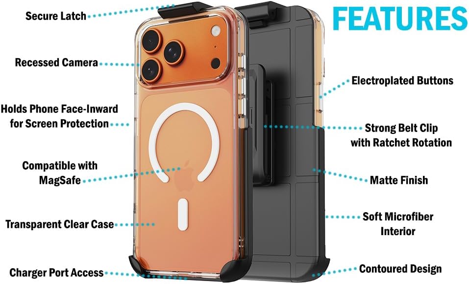 Nakedcelllphone Combo for iPhone 17 Pro Max Phone Case, Anti-Shock Case and Belt Clip Holster Holder (Compatible with MagSafe) - Clear - Image 7