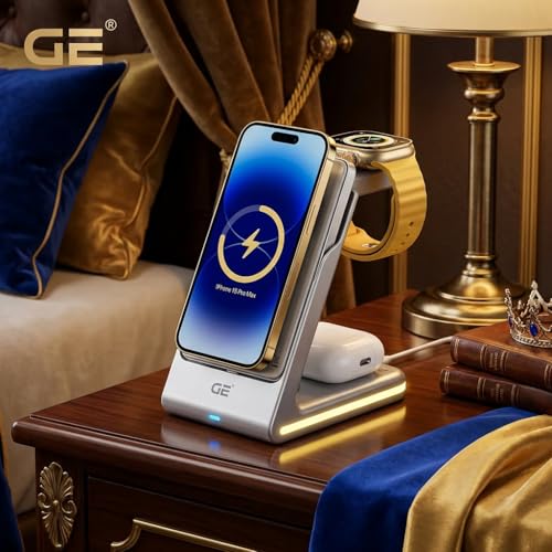 Image of GE 3-in-1 Wireless Charger Dock with 5000mAh Built-in Lithium Battery and Night Light, Compatible with iPhone 12-17 Series, Apple Watch, and AirPods 3rd Gen