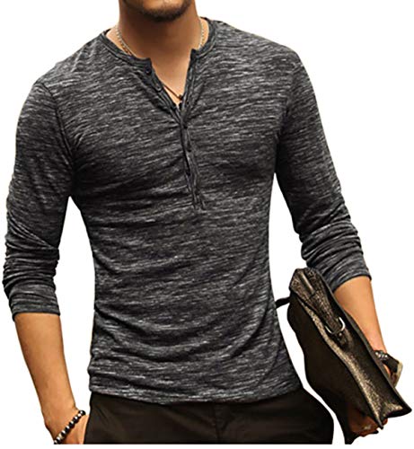 Kuyigo Mens Casual Mens Shirts Casual Stylish Basic Henley Long Sleeve T-Shirt (Medium, Black) #TOP2