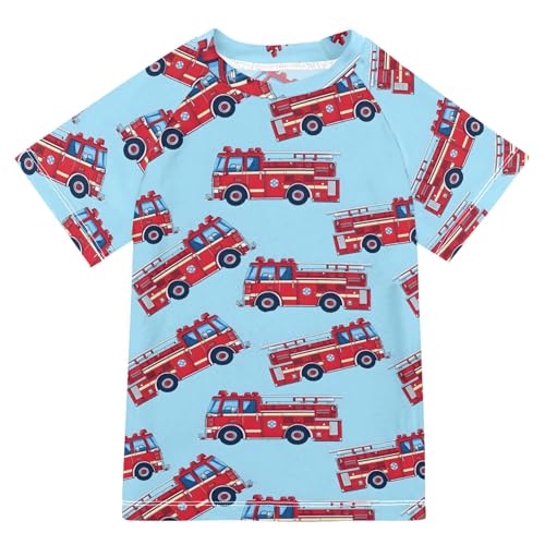 ALAZA Kids Rash Guard Girls Boys Toddler Swim Shirts Short Sleeve Fire Truck UPF 50+ 3T
