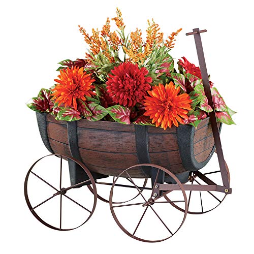 Collections Etc Faux Wood Nostalgic Barrel Wagon Planter with Handle and Drainage Hole at The Bottom