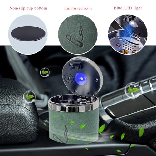 Image of Wevdn Car Ashtray with Lid, Detachable & Portable Stainless Steel Smokeless Ashtrays for Car, Mini Universal Smell Proof Windproof Car Ashtray with LED Blue Light (Green-Plush Surface)