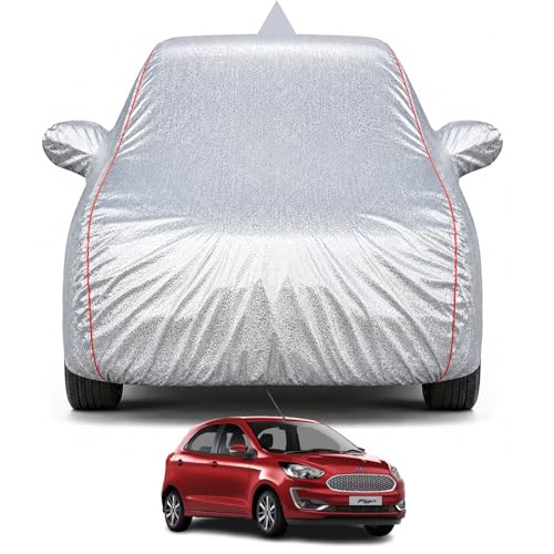 Image of Premium Car Cover for Ford Figo (2015-2026) Models | Waterproof, UV & Dust Protection | Mirror & Antenna Pocket | Triple Stitched, Soft Inner Lining, Belt & Buckle (Metalic Silver)