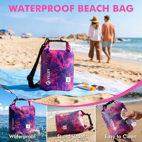 Image of VILLEY Dry Bag Waterproof 5L Roll Top Storage Backpack, Keeps Gear Dry Lightweight Backpack for Kayaking Boating Camping Swimming and Beach Accessories Purple Camo