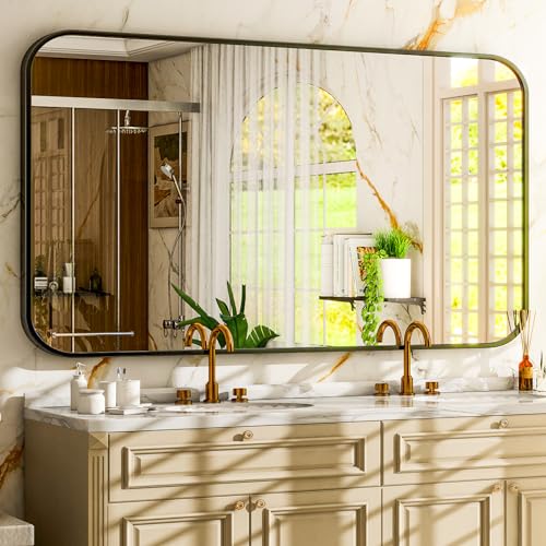 Easly Espejo de baño de 30 x 48 pulgadas, espejo rectangular redondeado para pared, espejo moderno para decoración de habitación, espejos de pared con marco negro para decoración del hogar, se cuelga