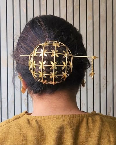 Image of Handcrafted Brass Bahara Hair Bun Cage with Stick for Women | Anti-Tarnish Juda Cover | Traditional Golden Hair Bun Accessory for Bridal, Wedding, Festive, Ethnic & Classical Dance Wear