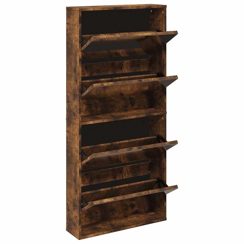 Zapatero con espejo, 4 compartimentos, roble ahumado, moderno zapatero con compartimentos basculantes para pasillo y salón, 63 x 17 x 134 cm, madera estable
