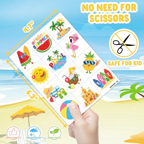 Image of 96 PCS Hello Summer Beach Pool Pre-Cut Temporary Tattoos for Kids | | Super Cute Themed Birthday Party Favors, Supplies, Decorations, Hawaiian Fake Tattoo Stickers, Gifts for Boys Girls