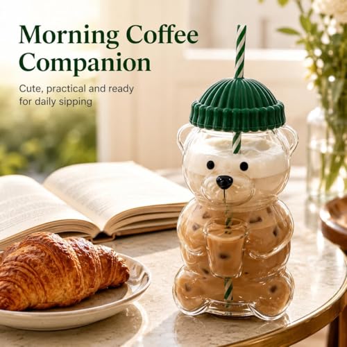 Image of KELVEE Bear Shaped Glass Cup with Straw and Lid | Cute Teddy Bear Tumbler | Reusable Drinking Glass for Iced Coffee Boba Tea Smoothies Cocktails | Kawaii Aesthetic Drinkware | Gift for Women Girls