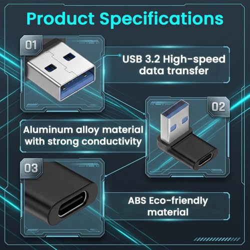 Image of Verilux 2Pcs Right Angle Type C Female to USB Male Adapter, Type C to USB 3.1 Charger Converter Support 10Gbps Speedy Data Transfer Compatible with iPhone 17 /16 /15, Galaxy S26 /S25 /S24, Black