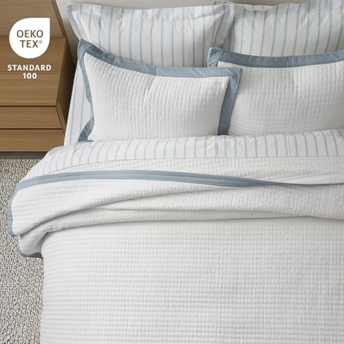 EVERGRACE Cotton Border Frame Tack-Stitch Quilt Bedding Set Queen Size, Coastal Oversized 3 Pieces Lightweight Bedspread Coverlet for All Season, with 2 Matching Shams, Blue Linen - Image 5