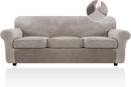 FestiCorp Fundas de terciopelo para sofá de 3 plazas, funda elástica de 4 piezas para sofá, fundas gruesas para perros y mascotas, sofá de gran