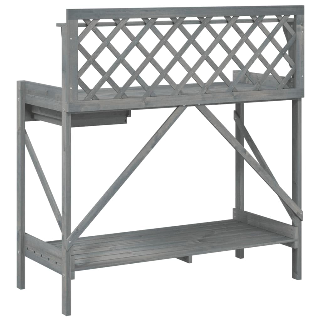 Stół na rośliny z litego drewna jodłowego z kratką, szary, 110 x 50 x 117 cm, stół na rośliny z półką, szufladą, metalowym haczykiem, uniwersalny stojak na kwiaty do ogrodu, na balkon, taras