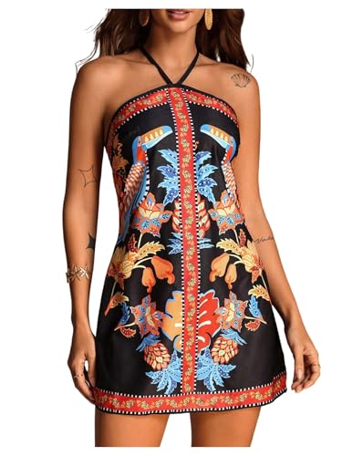 Image of RoseSeek Women's Floral Boho Dress Criss Cross Tie Backless Mini Dresses Halter A Line Sundress