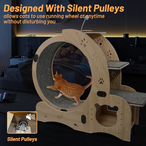 Rovibek Cat Exercise Wheel Indoor, 4 in 1 Cat Running for Indoor, Litter Fitness Wheels with Climbing Ladders and Bowls, Silent Roller, Solid Wood