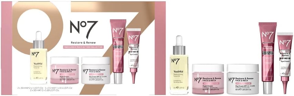 No7 Restore & Renew Face & Neck Multi Action Skincare System,Best Gift Set for Christmas For Womens