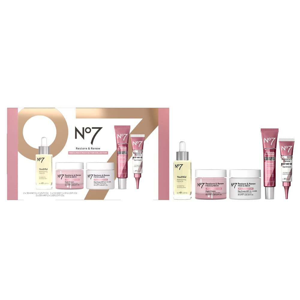No7 Restore & Renew Face & Neck Multi Action Skincare System,Best Gift Set for Christmas For Womens, Multicolor