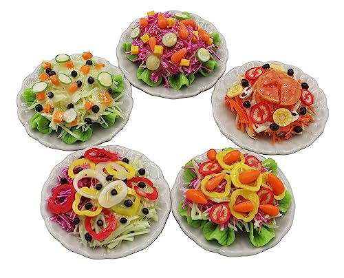 5 Assorted Salad with Plate for Dollhouse Miniature Food 1:6 Scale Realistic Clay Food for Dollhouses, Doll...