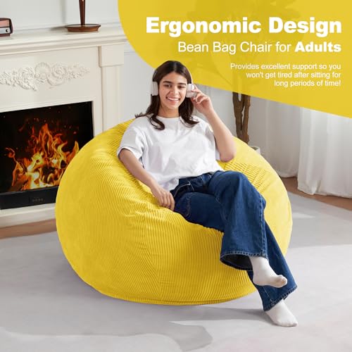 Homguava 3FT Bean Bag Chair: Teardrop Bean Bags with Memory Foam Filled, Compact Beanbag Chairs Soft Sofa with Corduroy Cover (Yellow)