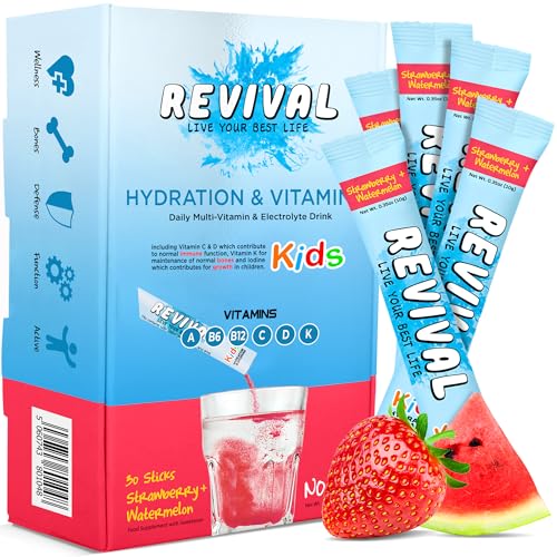 Revival Kids Hydration Vitamin Drink - Electrolyte Squash with Vitamins D A C K B6 B12 - Immunity Growth Development | Strawberry & Watermelon | 6 Pack