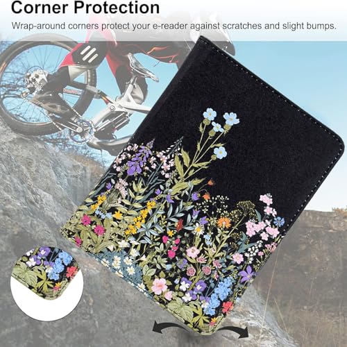 KEROM Universal 6 inch eReader Case, Universal eReader Case 6 inch, PU Leather Stand Cover with Hand Strap for All 6'' Kindle/Kindle Paperwhite/Kobo/Tolino/Nook/Sony/InkBook E-Book Reader, Flowers - Thumbnail 2