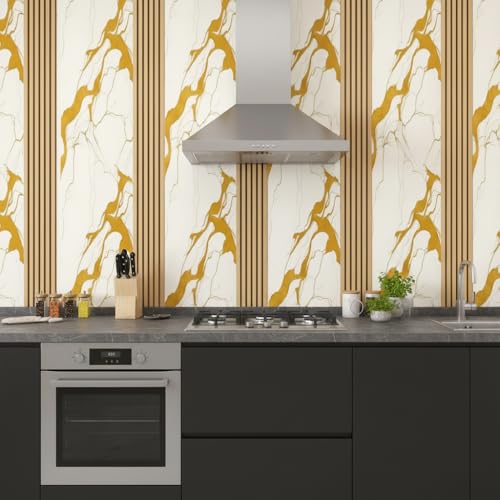 Image of Hotegxa Golden Marble Wooden Louvers Wallpaper for Walls | Self Adhesive Waterproof PVC Peel & Stick Wallpaper | TV Unit Wall Sticker for Living Room, Bedroom, Office Decor (45 x 300 CM)