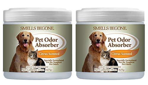 SMELLS BEGONE Air Freshener Pet Odor Absorber Gel - Made with Essential Oils - Absorbs and Eliminates Odor in Pet Areas, Bathrooms, Cars, & Boats - Citrus Scent - 15 Ounce - 2 Pack