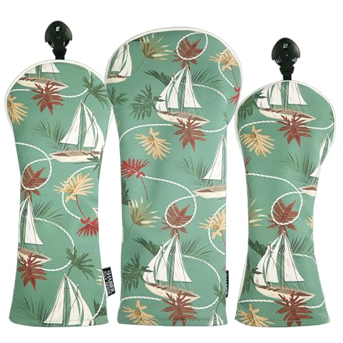 SHABIER Green Vintage Tropical Leaves, Boat, and Sailor Rope Pattern Golf Head Cover for Driver/Fairway/Hybird Club Cover