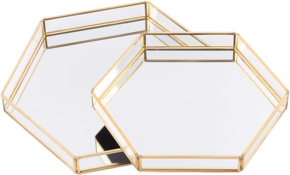 Koyal Wholesale Gold Glass Mirror Hexagonal Trays Vanity Set of 2, Decorative Mirrored Hexagon Trays for Coffee Table