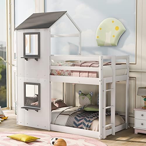 Polibi Wooden Bunk Bed, Twin-Over-Twin House Bunk Bed with Roof, Window, Ladder and Guardrails (White)