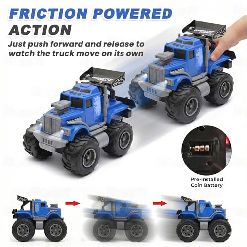 Image of Kidology Monster Truck City Service Friction Car Toy | Push & Go All-Terrain Off-Road Vehicle with Flashing Lights & Sounds | Heavy-Duty Big Wheel Action Toy for Kids (Blue)