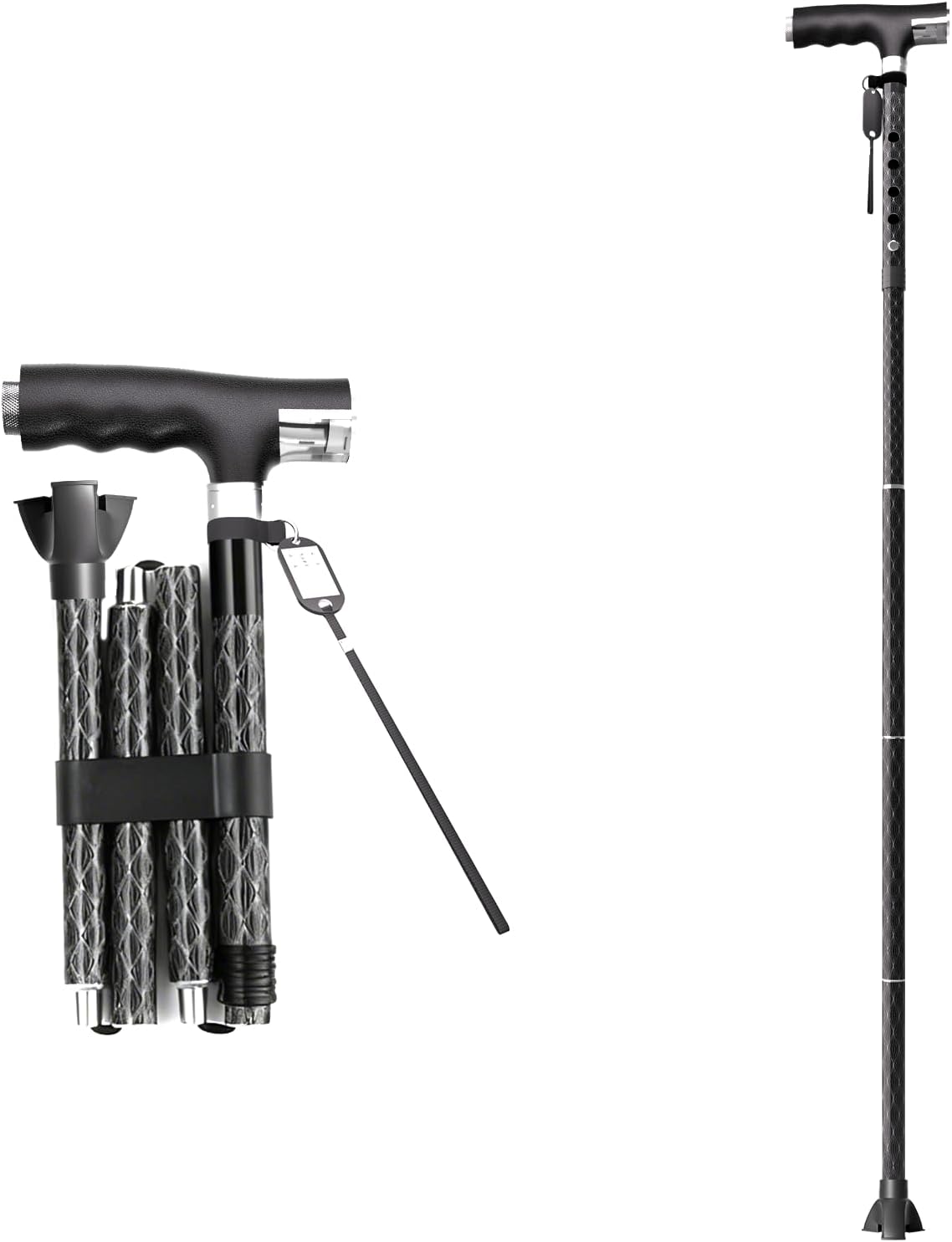 Bastón de aleación de aluminio, con luz LED, ajuste de altura y plegable, agarre ergonómico contorneado, bastón todo terreno para hombresmujeres