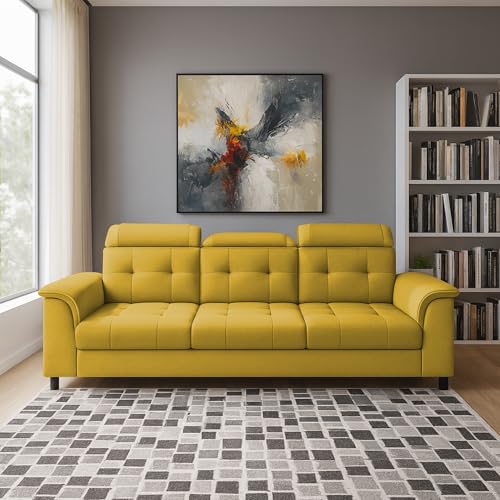 Image of Casaliving Ella 3 Seater Sofa Set for Living Room (Yellow Colour Fabric) Premium Fabric Sofa
