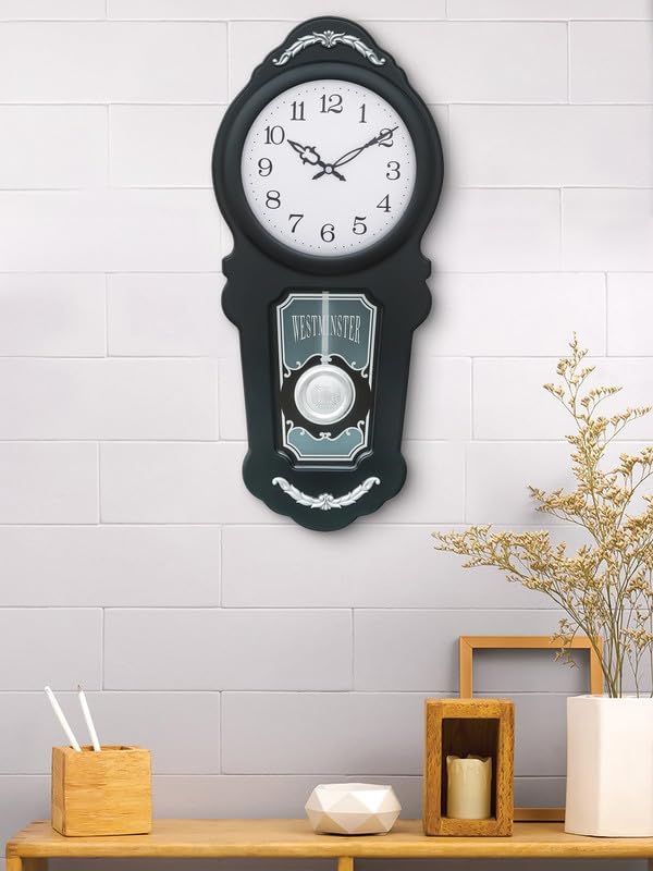 Image of CHRONIKLE Decorative Vertical Wooden Case Analog Pendulum Chime Musical Wall Clock for Living Room Home Decorations Office Gifts (Size: 26 x 10.3 x 56 CM | Weight: 1955 Gram | Color: Black)