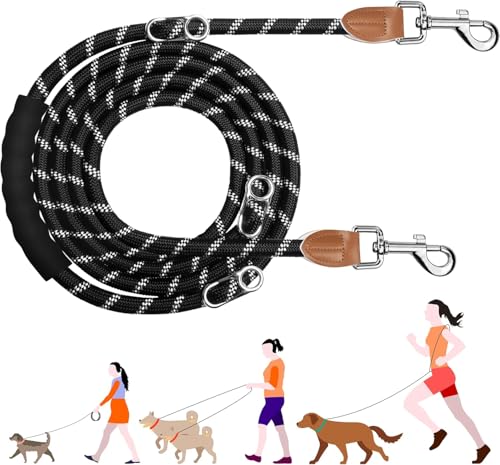 PETCOOZ Guinzaglio per Cani Regolabile 3 m, Guinzaglio Doppio per Cani con Fino Riflettente， Multifunzionale con Comoda Impugnatura per Taglia Piccola Media Grande, Passeggiate, Addestramento, Nero