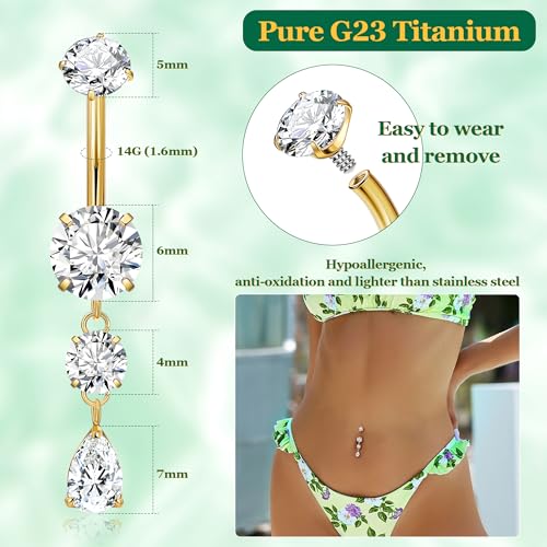 G23 Pure Titanium Dangle Belly Button Rings for Women Internally Thread Curved Barbell Belly Rings Dangling Navel Rings CZ Teardrop Navel Piercing Jewelry 6-16mm3