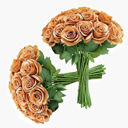 JUSMAI 30pcs Terracotta Roses Artificial Flowers Fake Roses Flowers with Long Stems Silk Roses for Wedding Decor Bouquet Centerpieces Party Bridal Baby Shower Home DIY Florals Decorations