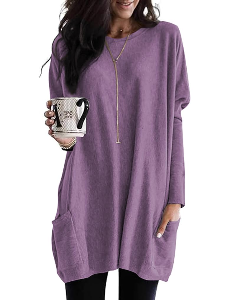 Poetsky Fall Womens Tunic or Tops to Wear with Leggings Long Sleeve Casual Long Shirts with Pockets