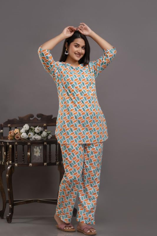 Image of Pure Cotton Printed Night Suit Top and Pyjama Set for Women's Night Dress of Shirt & Pyjama Set for Womens