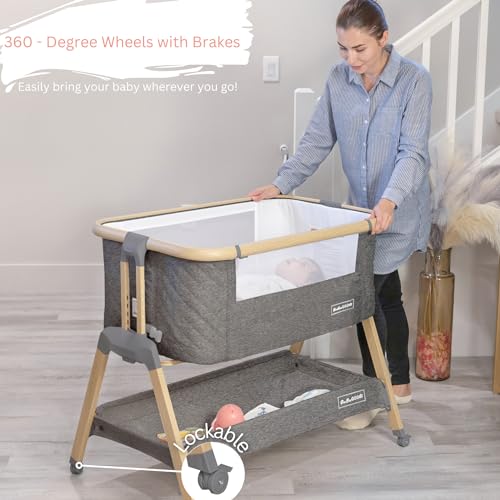 3 in 1 Baby Bassinet with Wheels, Portable Bedside Sleeper for Baby with 7 Adjustable Heights and Foam Mattress, Baby Bedside Crib for Newborns and Infants with Storage Basket, Carry Bag Included - Thumbnail 4